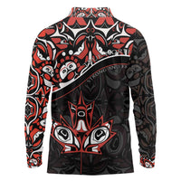 Canada Day Long Sleeve Polo Shirt Haida Maple Leaf Style Tattoo Black - Wonder Print Shop