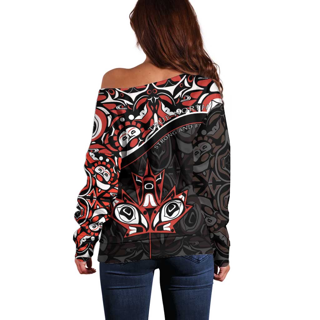 Canada Day Off Shoulder Sweater Haida Maple Leaf Style Tattoo Black - Wonder Print Shop