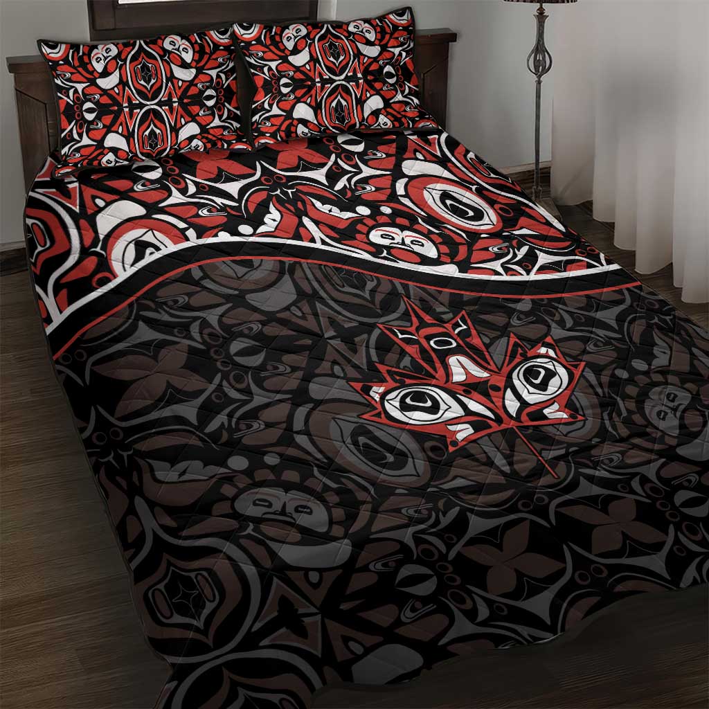 Canada Day Quilt Bed Set Haida Maple Leaf Style Tattoo Black - Wonder Print Shop