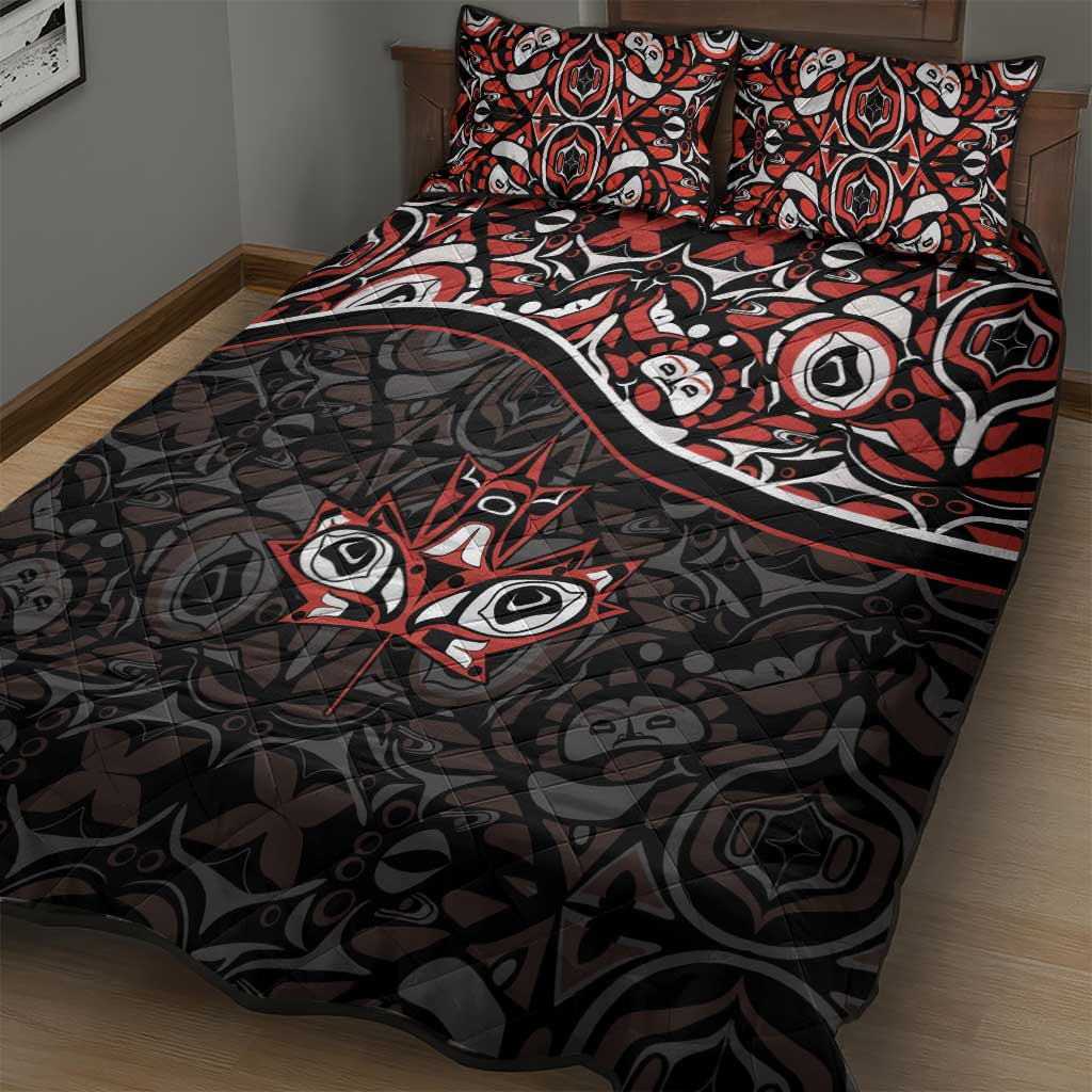 Canada Day Quilt Bed Set Haida Maple Leaf Style Tattoo Black - Wonder Print Shop