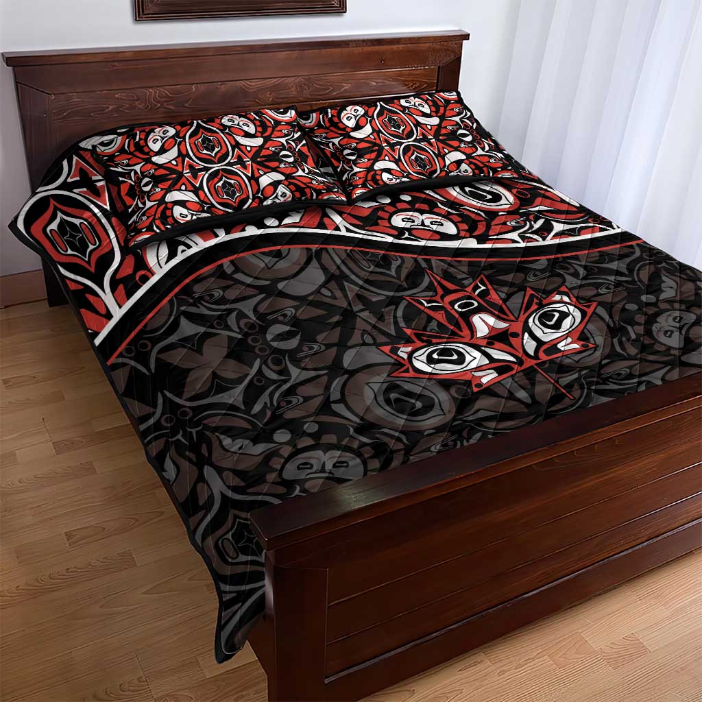 Canada Day Quilt Bed Set Haida Maple Leaf Style Tattoo Black - Wonder Print Shop