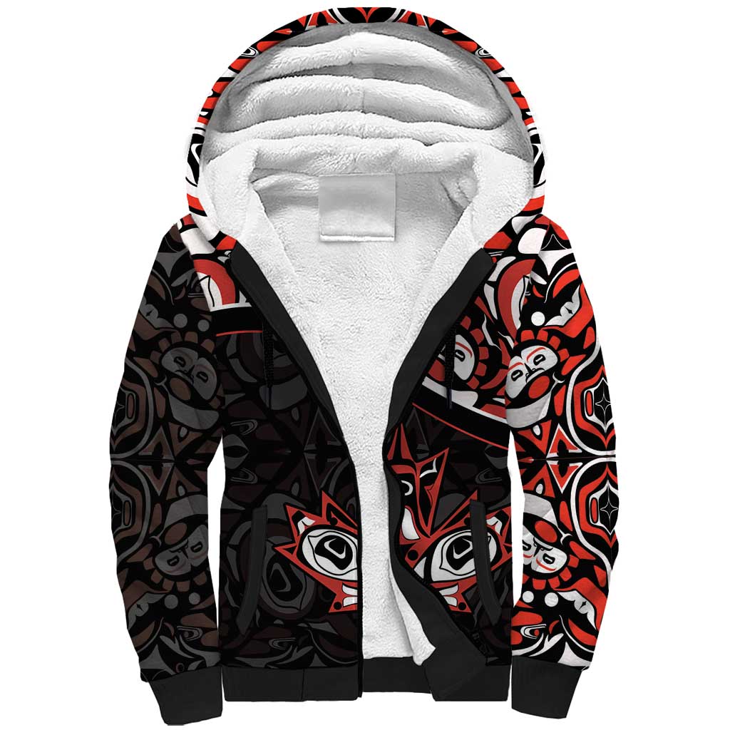 Canada Day Sherpa Hoodie Haida Maple Leaf Style Tattoo Black - Wonder Print Shop