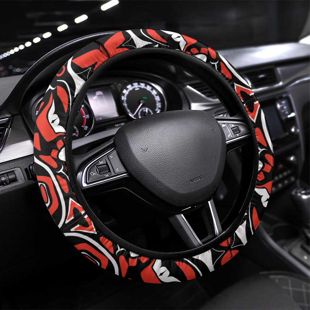 Canada Day Steering Wheel Cover Haida Maple Leaf Style Tattoo Black - Wonder Print Shop