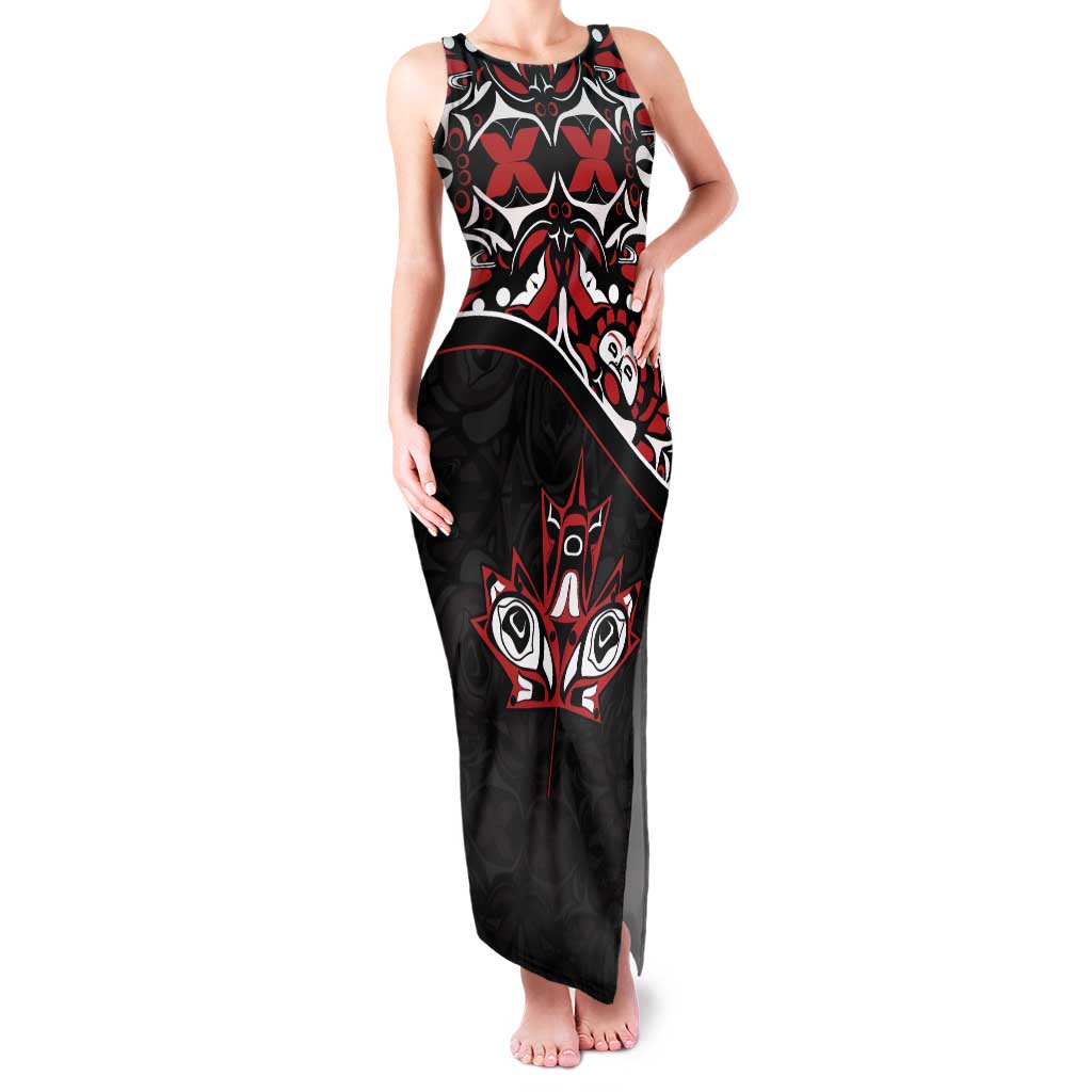 Canada Day Tank Maxi Dress Haida Maple Leaf Style Tattoo Black - Wonder Print Shop