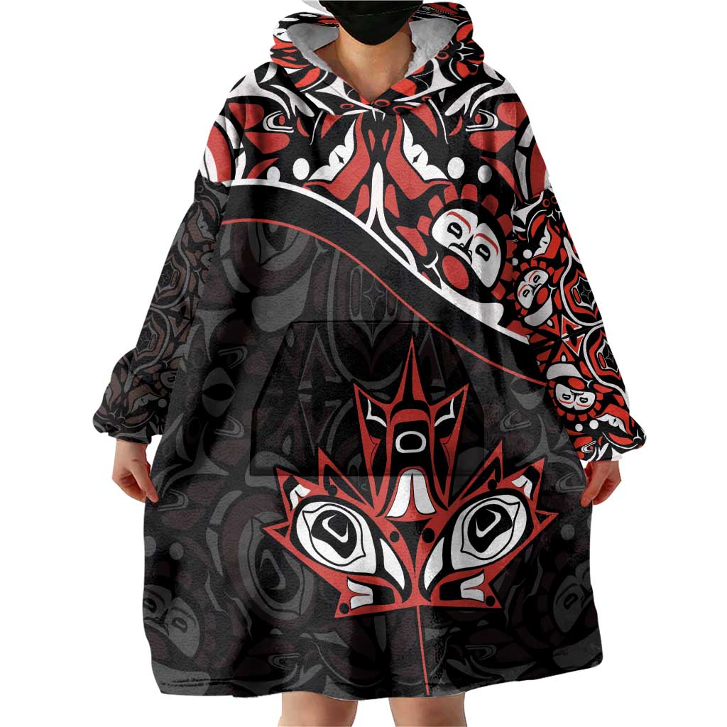 Canada Day Wearable Blanket Hoodie Haida Maple Leaf Style Tattoo Black - Wonder Print Shop
