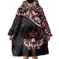 Canada Day Wearable Blanket Hoodie Haida Maple Leaf Style Tattoo Black - Wonder Print Shop