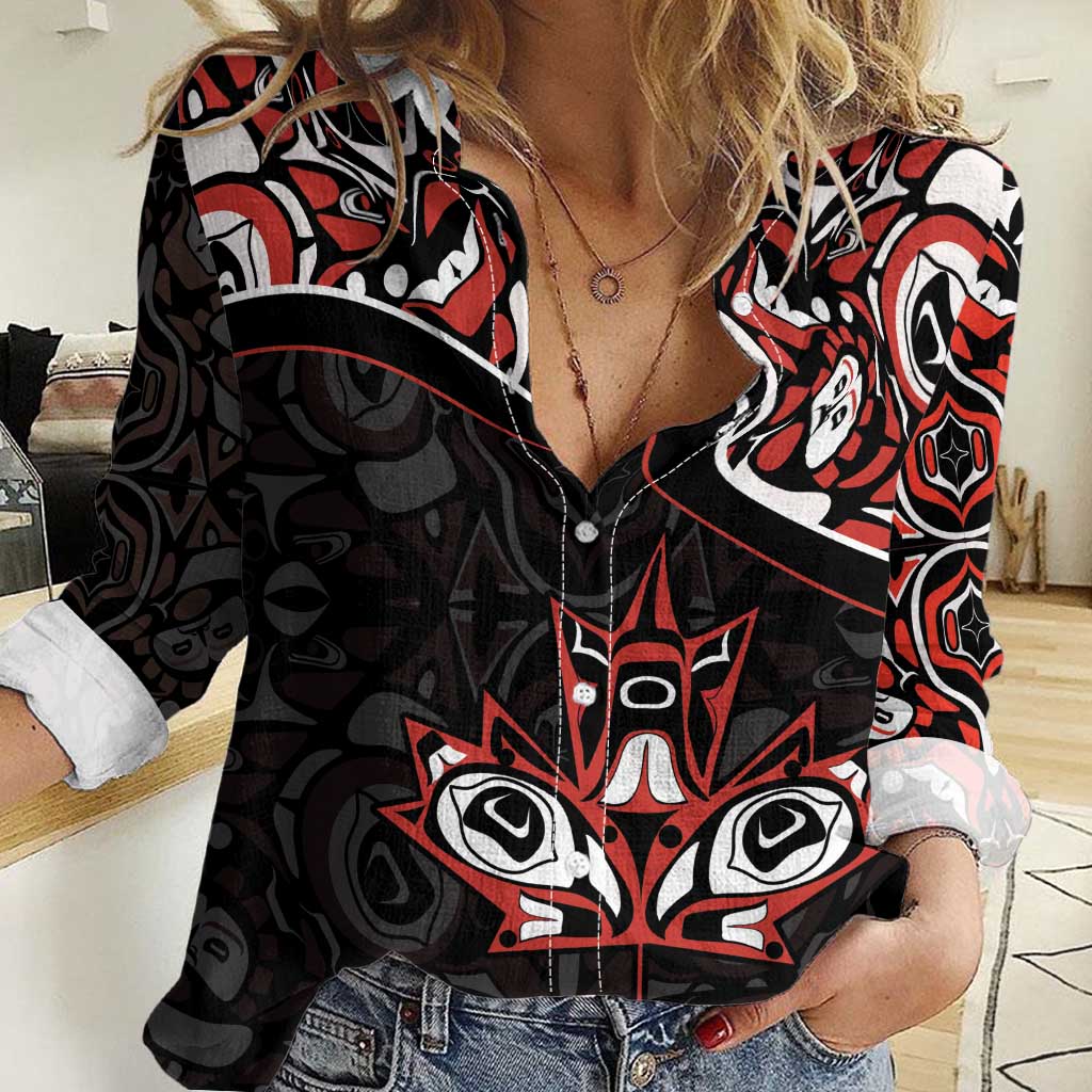 Canada Day Women Casual Shirt Haida Maple Leaf Style Tattoo Black - Wonder Print Shop
