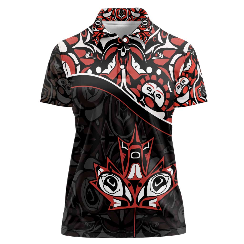 Canada Day Women Polo Shirt Haida Maple Leaf Style Tattoo Black - Wonder Print Shop