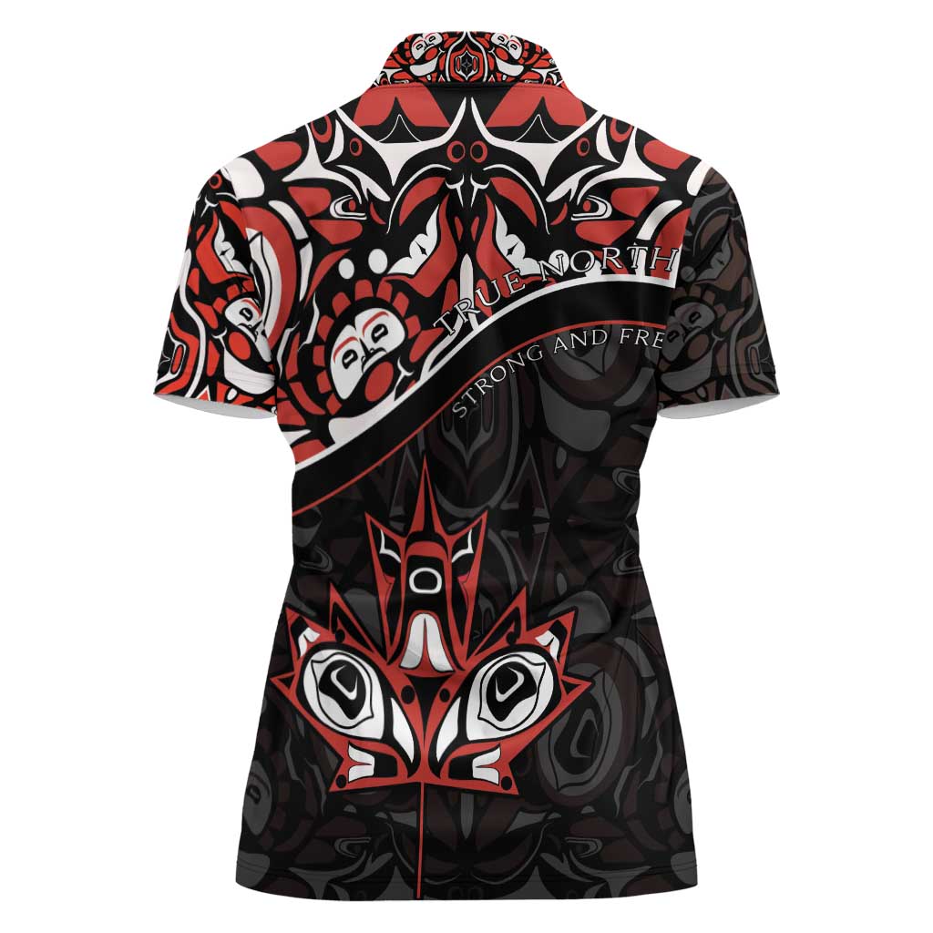 Canada Day Women Polo Shirt Haida Maple Leaf Style Tattoo Black - Wonder Print Shop