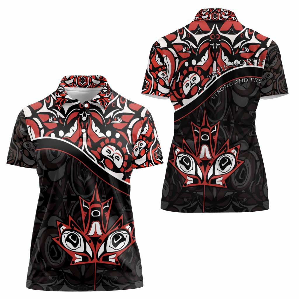 Canada Day Women Polo Shirt Haida Maple Leaf Style Tattoo Black - Wonder Print Shop