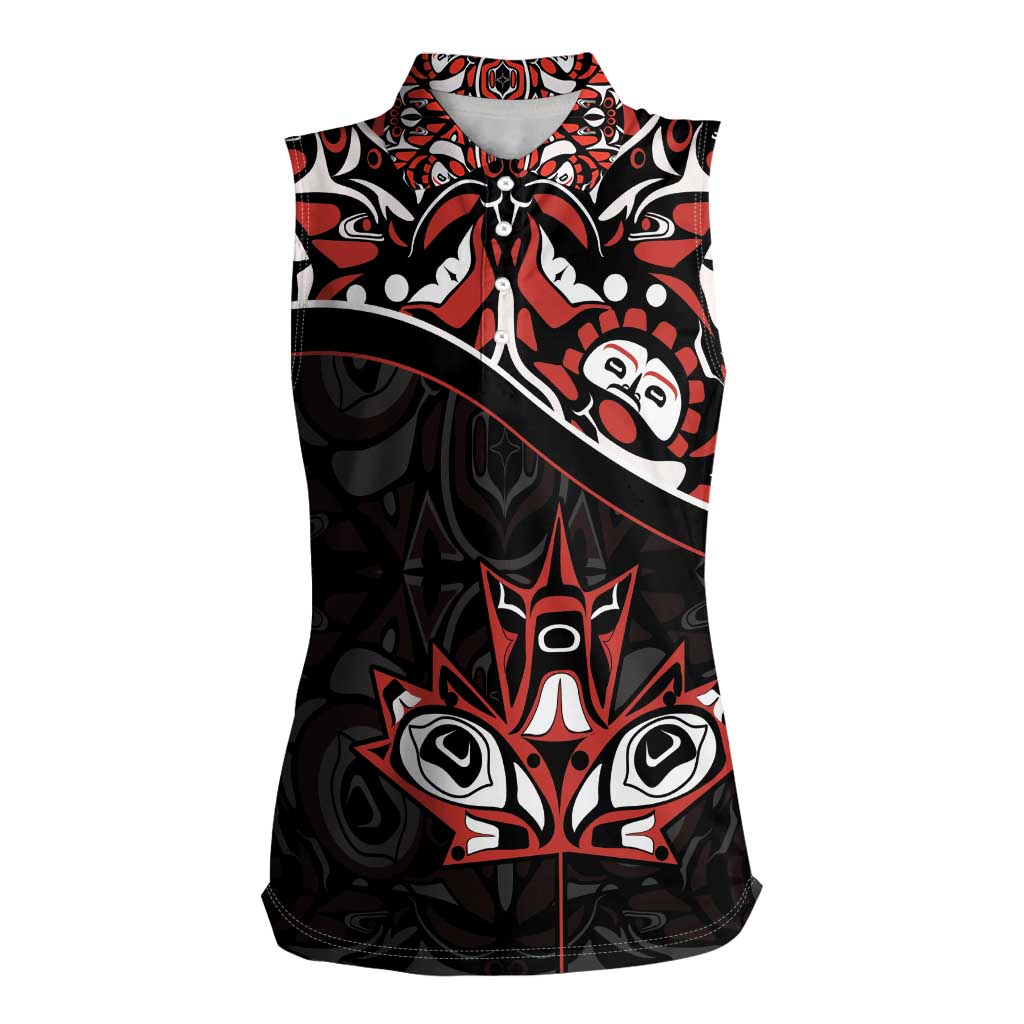 Canada Day Women Sleeveless Polo Shirt Haida Maple Leaf Style Tattoo Black - Wonder Print Shop