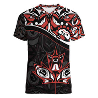 Canada Day Women V-Neck T-Shirt Haida Maple Leaf Style Tattoo Black - Wonder Print Shop