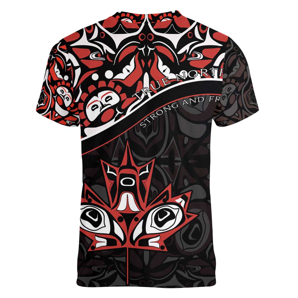 Canada Day Women V-Neck T-Shirt Haida Maple Leaf Style Tattoo Black - Wonder Print Shop