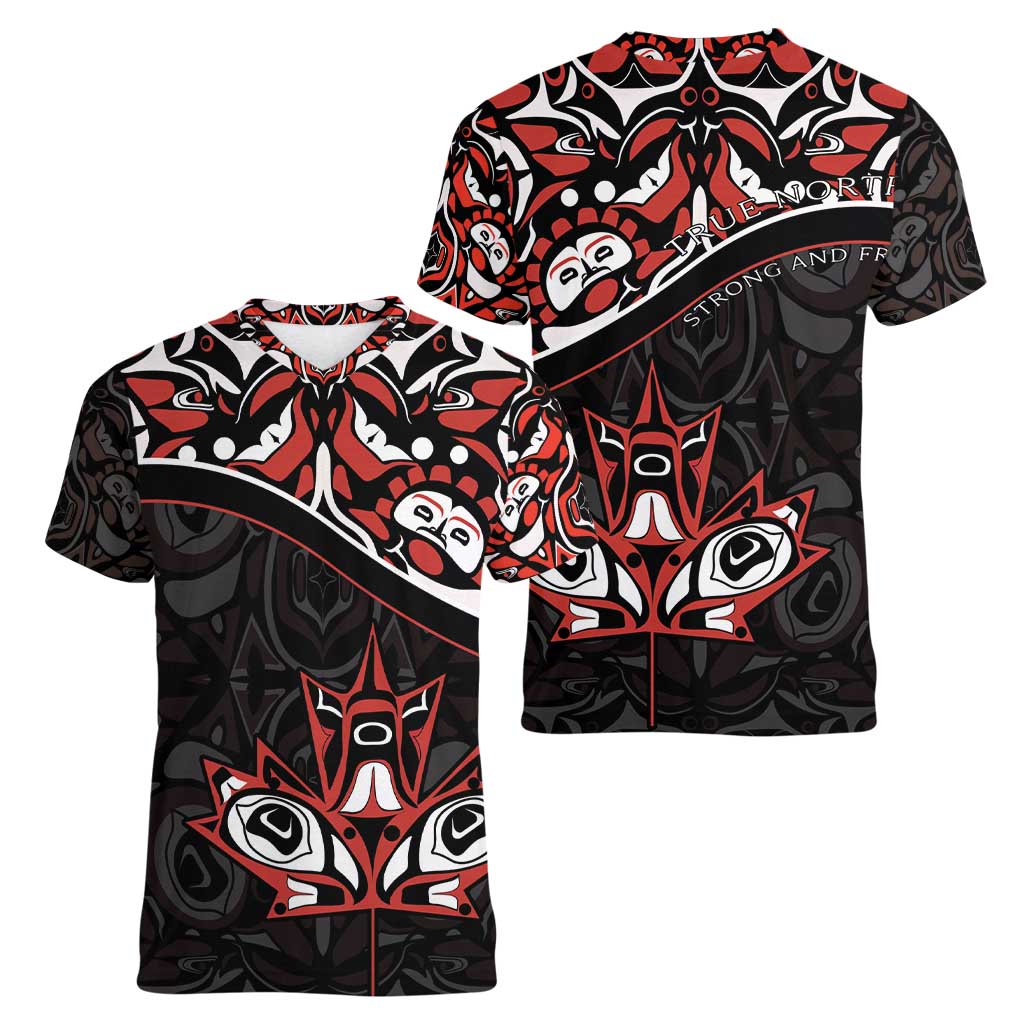 Canada Day Women V-Neck T-Shirt Haida Maple Leaf Style Tattoo Black - Wonder Print Shop