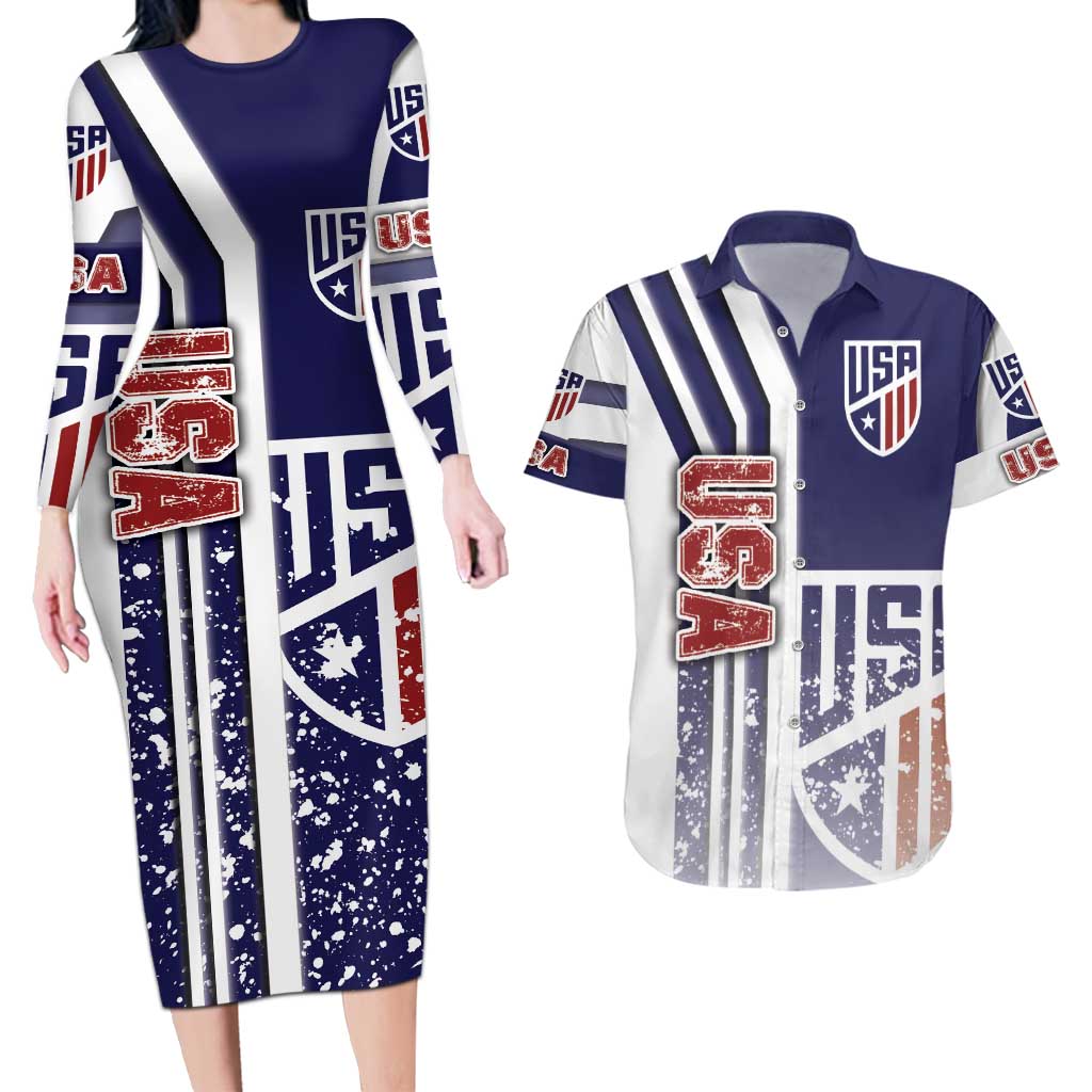 USA Soccer Couples Matching Long Sleeve Bodycon Dress and Hawaiian Shirt The Stars and Stripes Football - Road To Champion
