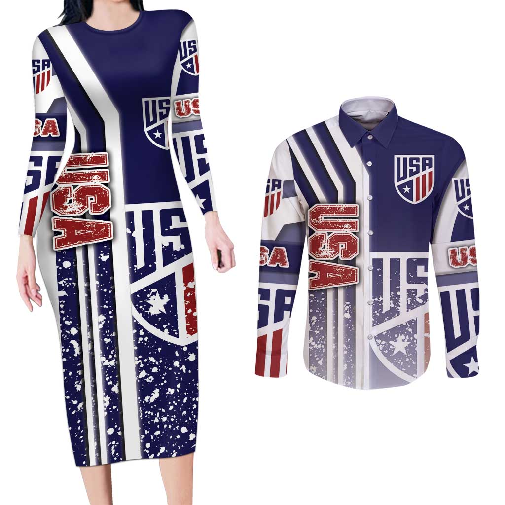 USA Soccer Couples Matching Long Sleeve Bodycon Dress and Long Sleeve Button Shirt The Stars and Stripes Football - Road To Champion