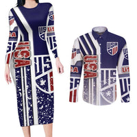 USA Soccer Couples Matching Long Sleeve Bodycon Dress and Long Sleeve Button Shirt The Stars and Stripes Football - Road To Champion