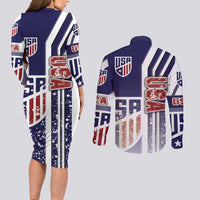 USA Soccer Couples Matching Long Sleeve Bodycon Dress and Long Sleeve Button Shirt The Stars and Stripes Football - Road To Champion