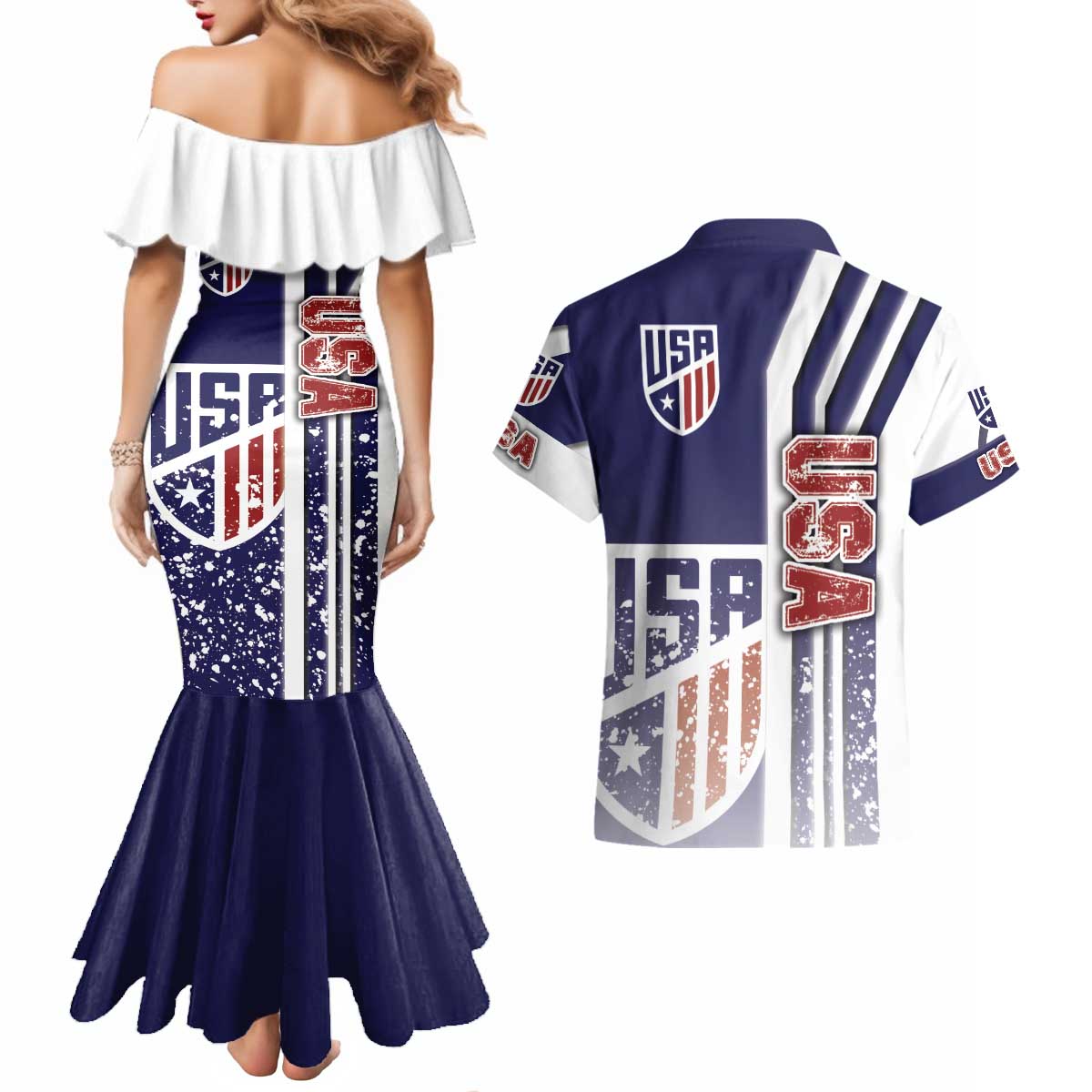 USA Soccer Couples Matching Mermaid Dress and Hawaiian Shirt The Stars and Stripes Football - Road To Champion