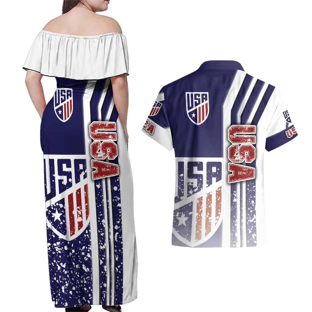 USA Soccer Couples Matching Off Shoulder Maxi Dress and Hawaiian Shirt The Stars and Stripes Football - Road To Champion