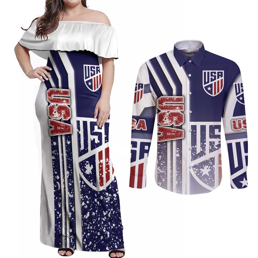 USA Soccer Couples Matching Off Shoulder Maxi Dress and Long Sleeve Button Shirt The Stars and Stripes Football - Road To Champion