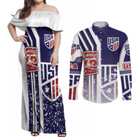 USA Soccer Couples Matching Off Shoulder Maxi Dress and Long Sleeve Button Shirt The Stars and Stripes Football - Road To Champion