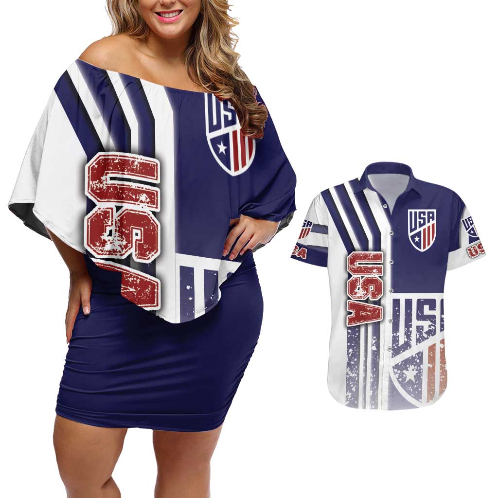 USA Soccer Couples Matching Off Shoulder Short Dress and Hawaiian Shirt The Stars and Stripes Football - Road To Champion