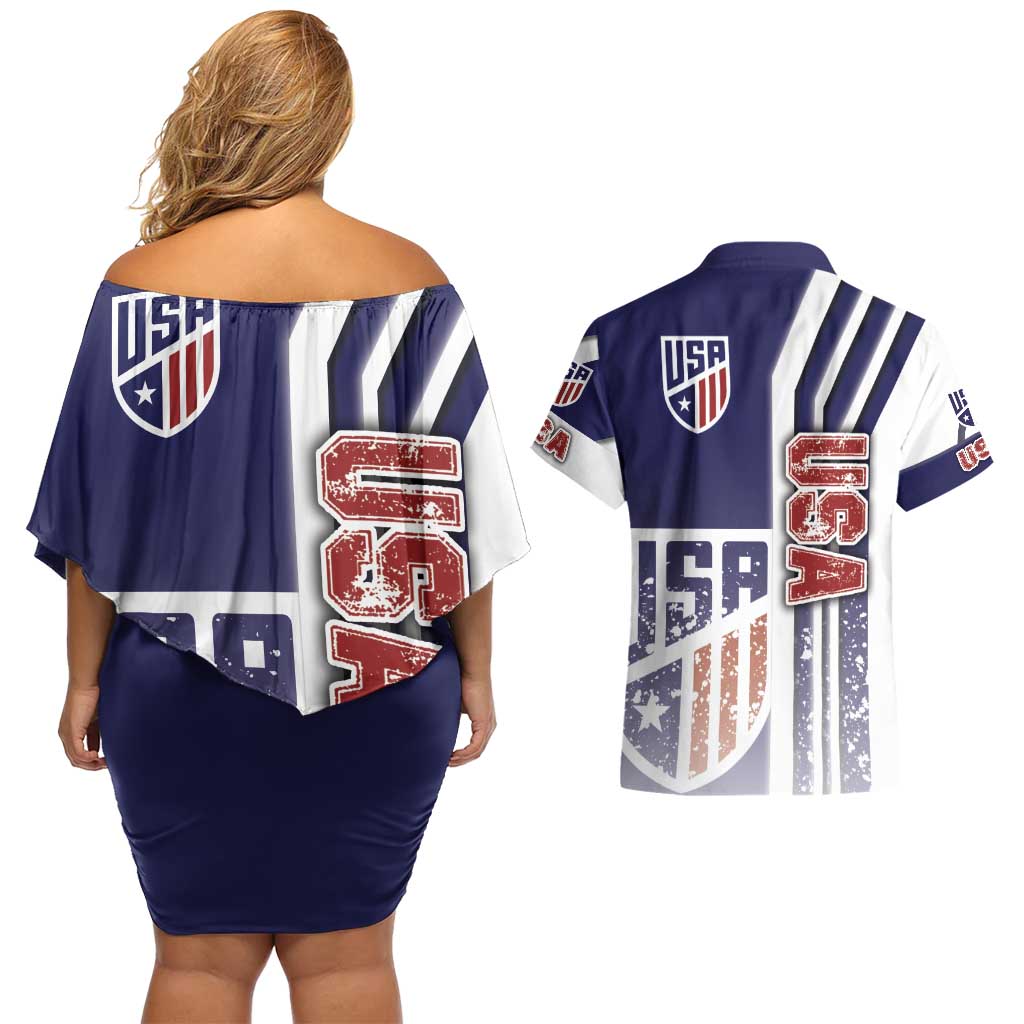 USA Soccer Couples Matching Off Shoulder Short Dress and Hawaiian Shirt The Stars and Stripes Football - Road To Champion