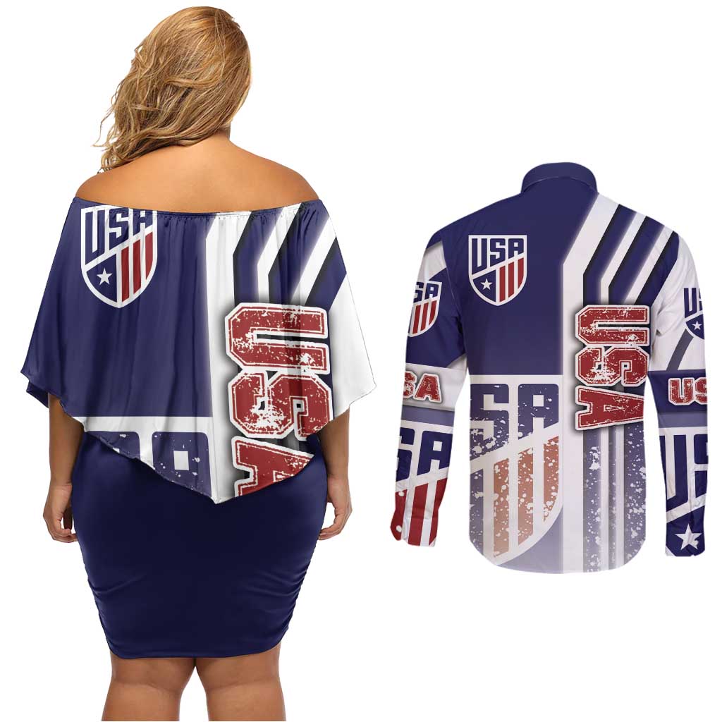 USA Soccer Couples Matching Off Shoulder Short Dress and Long Sleeve Button Shirt The Stars and Stripes Football - Road To Champion