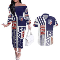 USA Soccer Couples Matching Off The Shoulder Long Sleeve Dress and Hawaiian Shirt The Stars and Stripes Football - Road To Champion