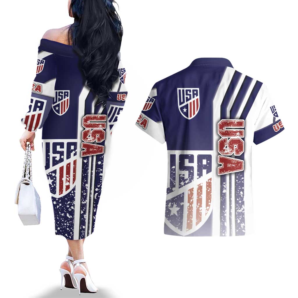 USA Soccer Couples Matching Off The Shoulder Long Sleeve Dress and Hawaiian Shirt The Stars and Stripes Football - Road To Champion