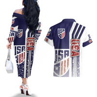 USA Soccer Couples Matching Off The Shoulder Long Sleeve Dress and Hawaiian Shirt The Stars and Stripes Football - Road To Champion