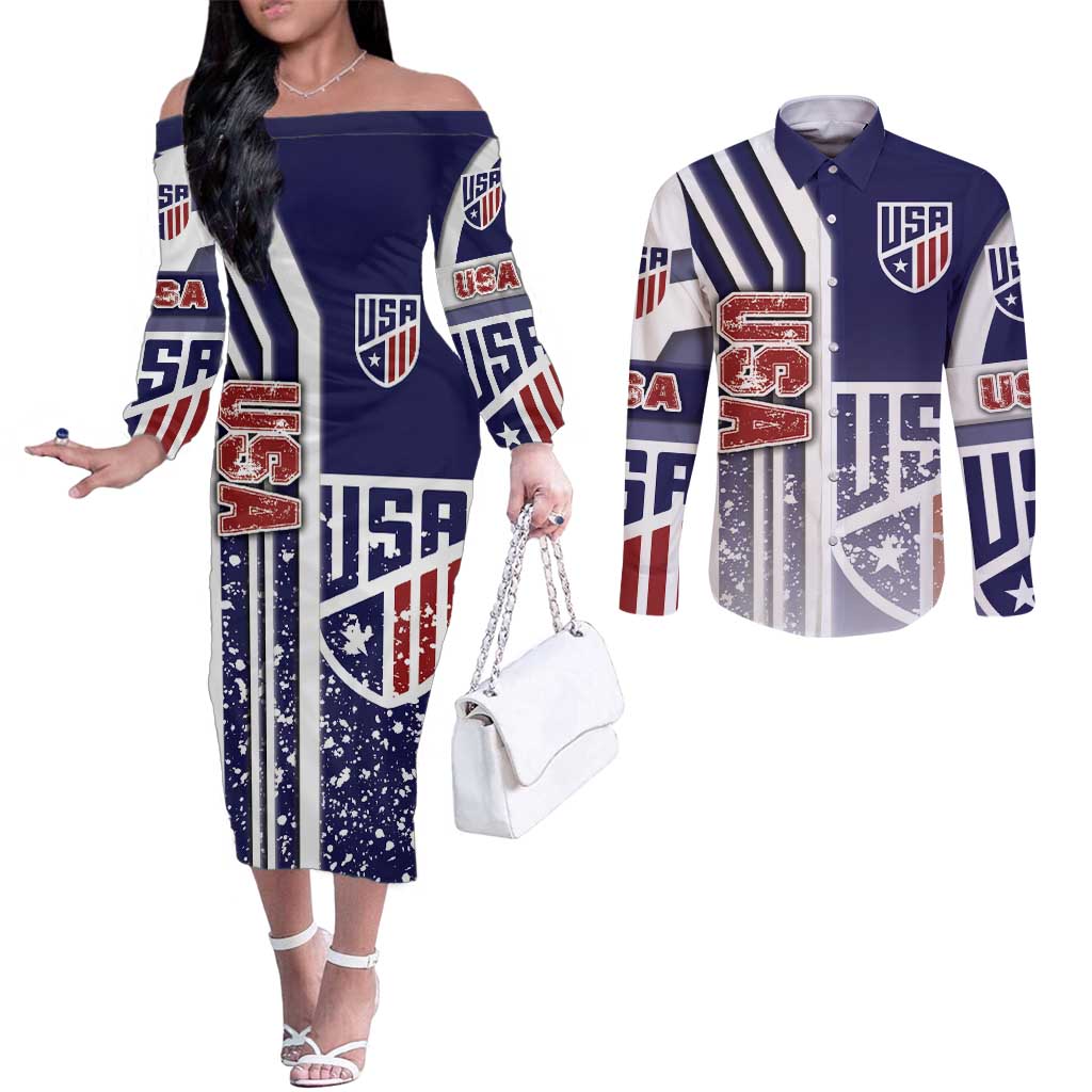 USA Soccer Couples Matching Off The Shoulder Long Sleeve Dress and Long Sleeve Button Shirt The Stars and Stripes Football - Road To Champion
