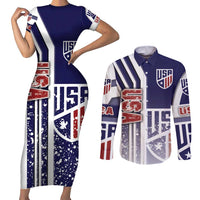 USA Soccer Couples Matching Short Sleeve Bodycon Dress and Long Sleeve Button Shirt The Stars and Stripes Football - Road To Champion