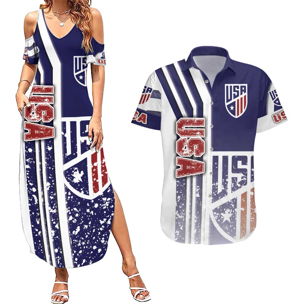 USA Soccer Couples Matching Summer Maxi Dress and Hawaiian Shirt The Stars and Stripes Football - Road To Champion