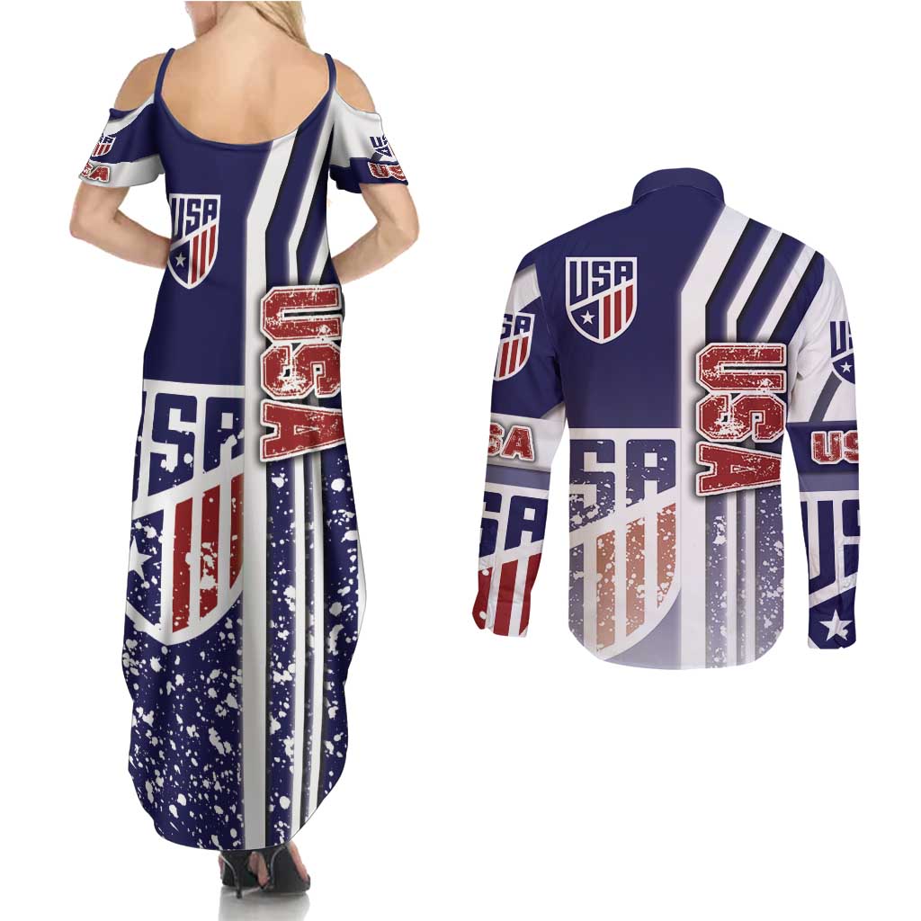USA Soccer Couples Matching Summer Maxi Dress and Long Sleeve Button Shirt The Stars and Stripes Football - Road To Champion