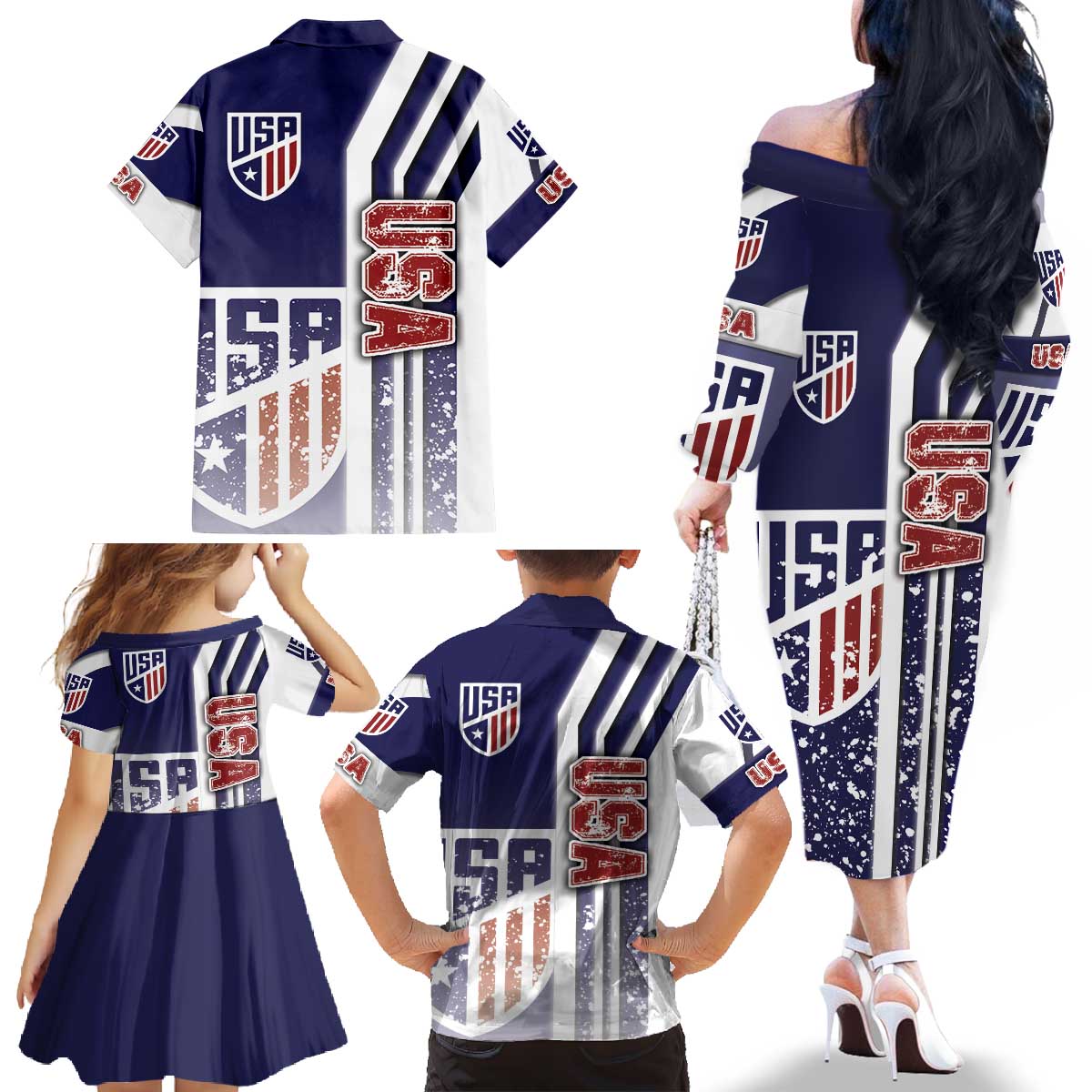 USA Soccer Family Matching Off The Shoulder Long Sleeve Dress and Hawaiian Shirt The Stars and Stripes Football - Road To Champion