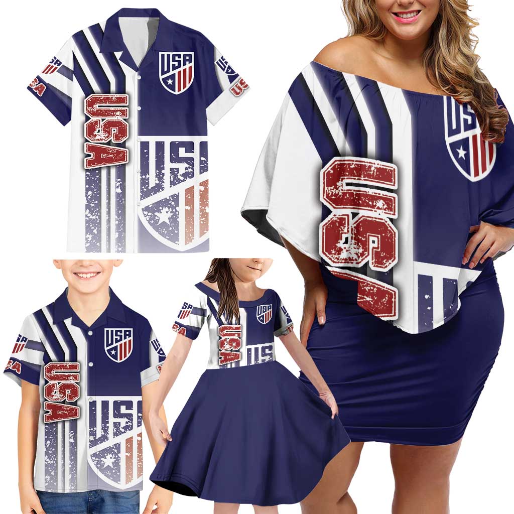 USA Soccer Family Matching Off Shoulder Short Dress and Hawaiian Shirt The Stars and Stripes Football - Road To Champion