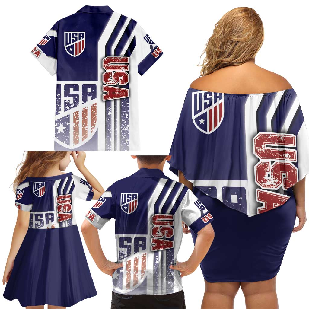 USA Soccer Family Matching Off Shoulder Short Dress and Hawaiian Shirt The Stars and Stripes Football - Road To Champion