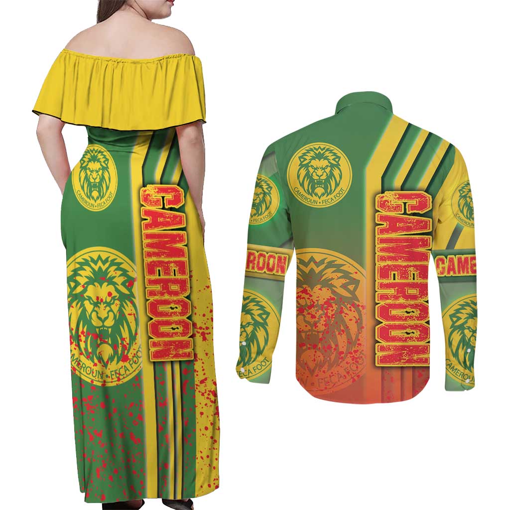 Cameroon Football Couples Matching Off Shoulder Maxi Dress and Long Sleeve Button Shirt Indomitable Lions Soccer - Road To Champion