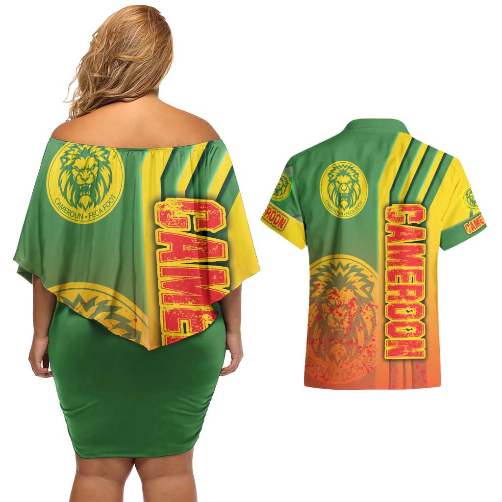 Cameroon Football Couples Matching Off Shoulder Short Dress and Hawaiian Shirt Indomitable Lions Soccer - Road To Champion