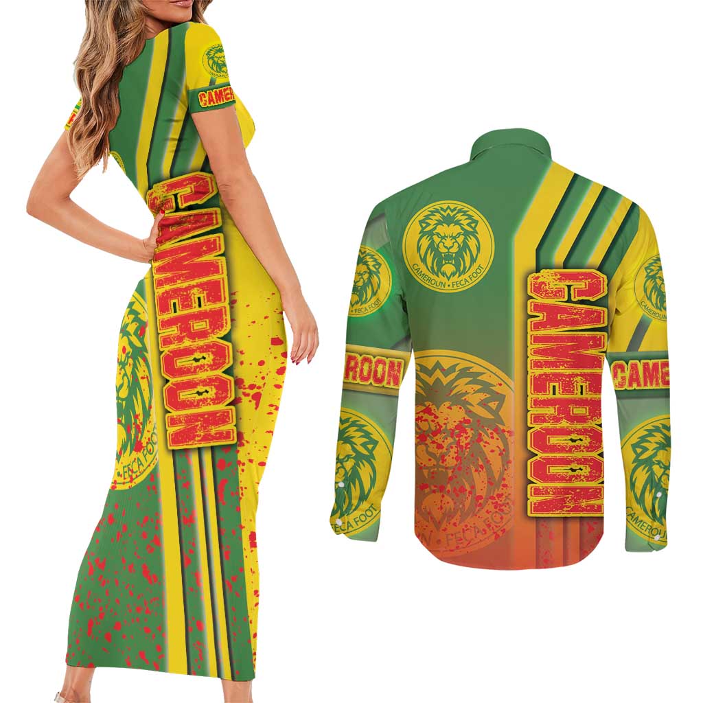 Cameroon Football Couples Matching Short Sleeve Bodycon Dress and Long Sleeve Button Shirt Indomitable Lions Soccer - Road To Champion