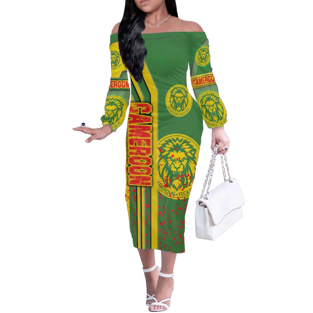 Cameroon Football Family Matching Off The Shoulder Long Sleeve Dress and Hawaiian Shirt Indomitable Lions Soccer - Road To Champion