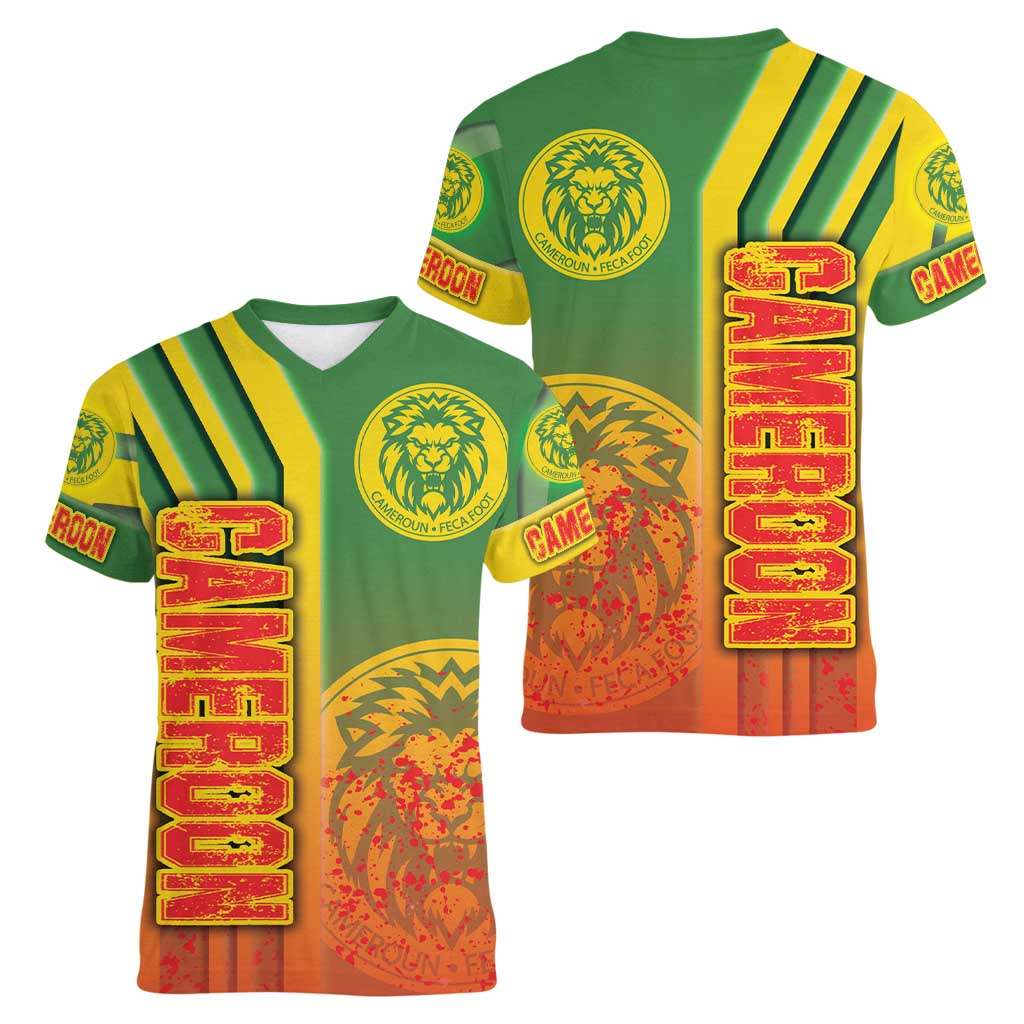 Cameroon Football Women V-Neck T-Shirt Indomitable Lions Soccer - Road To Champion - Wonder Print Shop