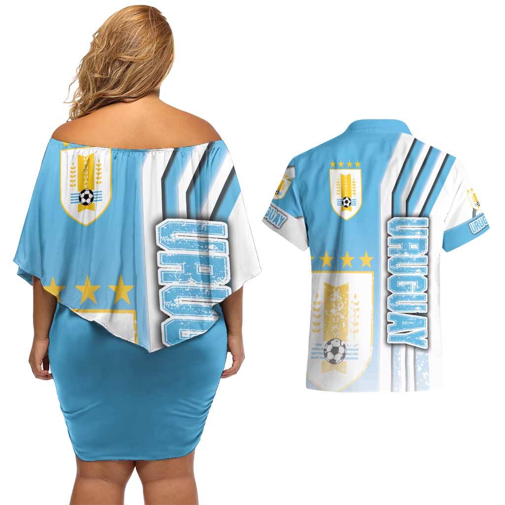 Uruguay Football Couples Matching Off Shoulder Short Dress and Hawaiian Shirt Sky Blue Soccer - Road To Champion