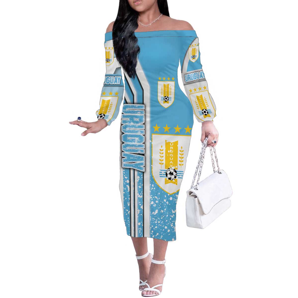 Uruguay Football Family Matching Off The Shoulder Long Sleeve Dress and Hawaiian Shirt Sky Blue Soccer - Road To Champion