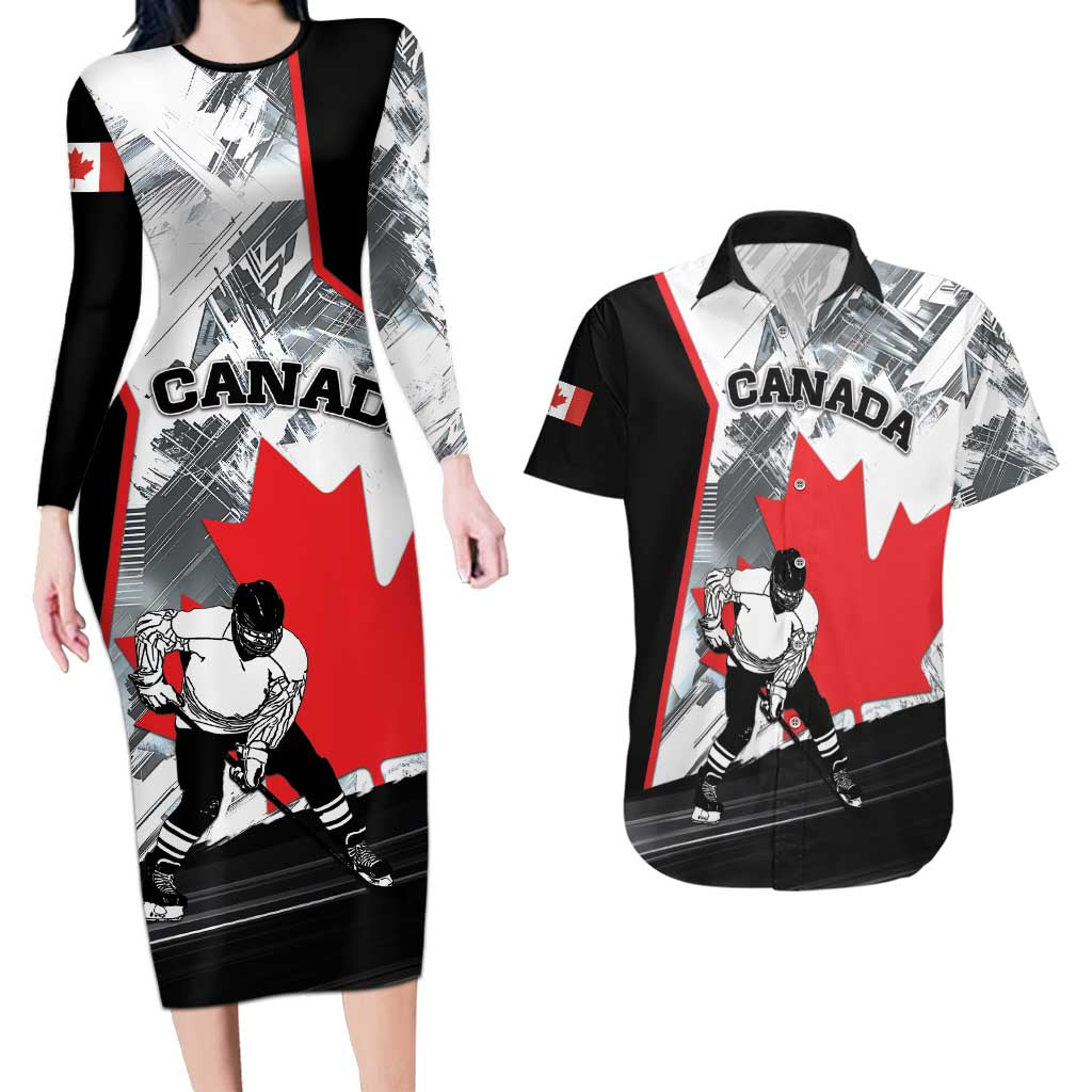 Canada Hockey Couples Matching Long Sleeve Bodycon Dress and Hawaiian Shirt Maple Leaf Sport Style