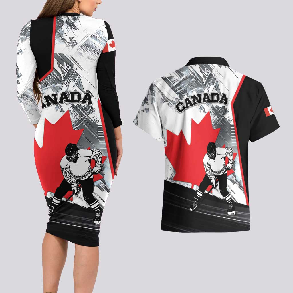 Canada Hockey Couples Matching Long Sleeve Bodycon Dress and Hawaiian Shirt Maple Leaf Sport Style