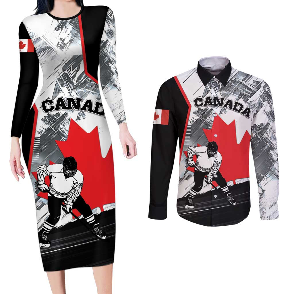 Canada Hockey Couples Matching Long Sleeve Bodycon Dress and Long Sleeve Button Shirt Maple Leaf Sport Style