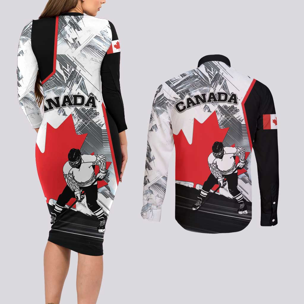 Canada Hockey Couples Matching Long Sleeve Bodycon Dress and Long Sleeve Button Shirt Maple Leaf Sport Style